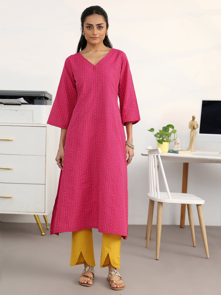 Pink Woven Design Cotton Blend A-Line Kurta Set