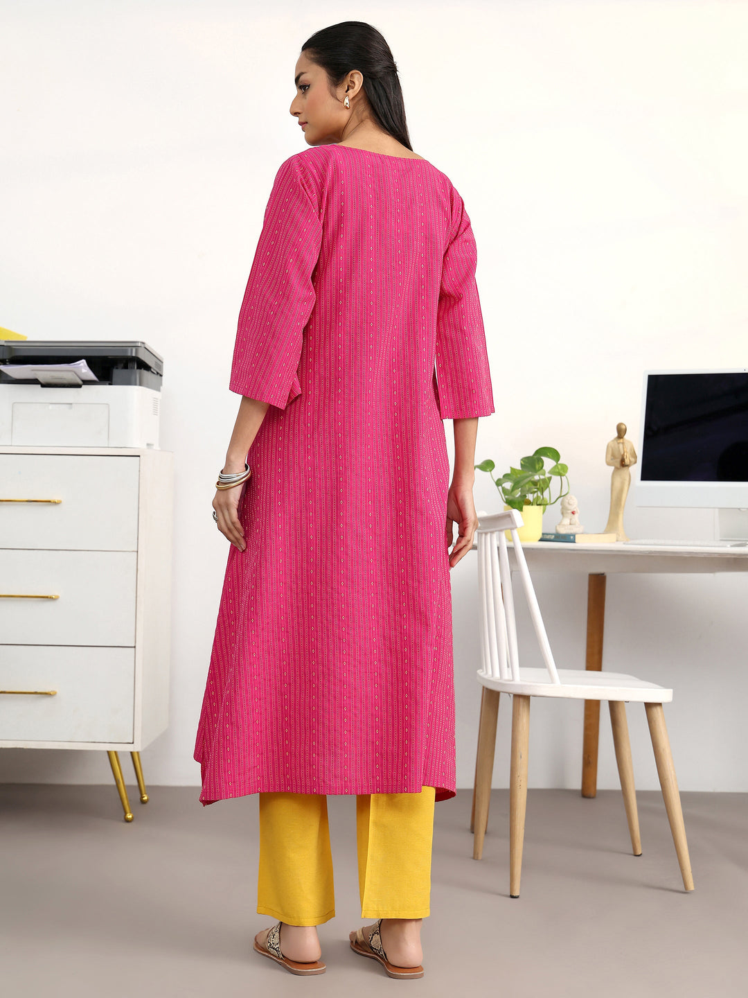 Pink Woven Design Cotton Blend A-Line Kurta Set