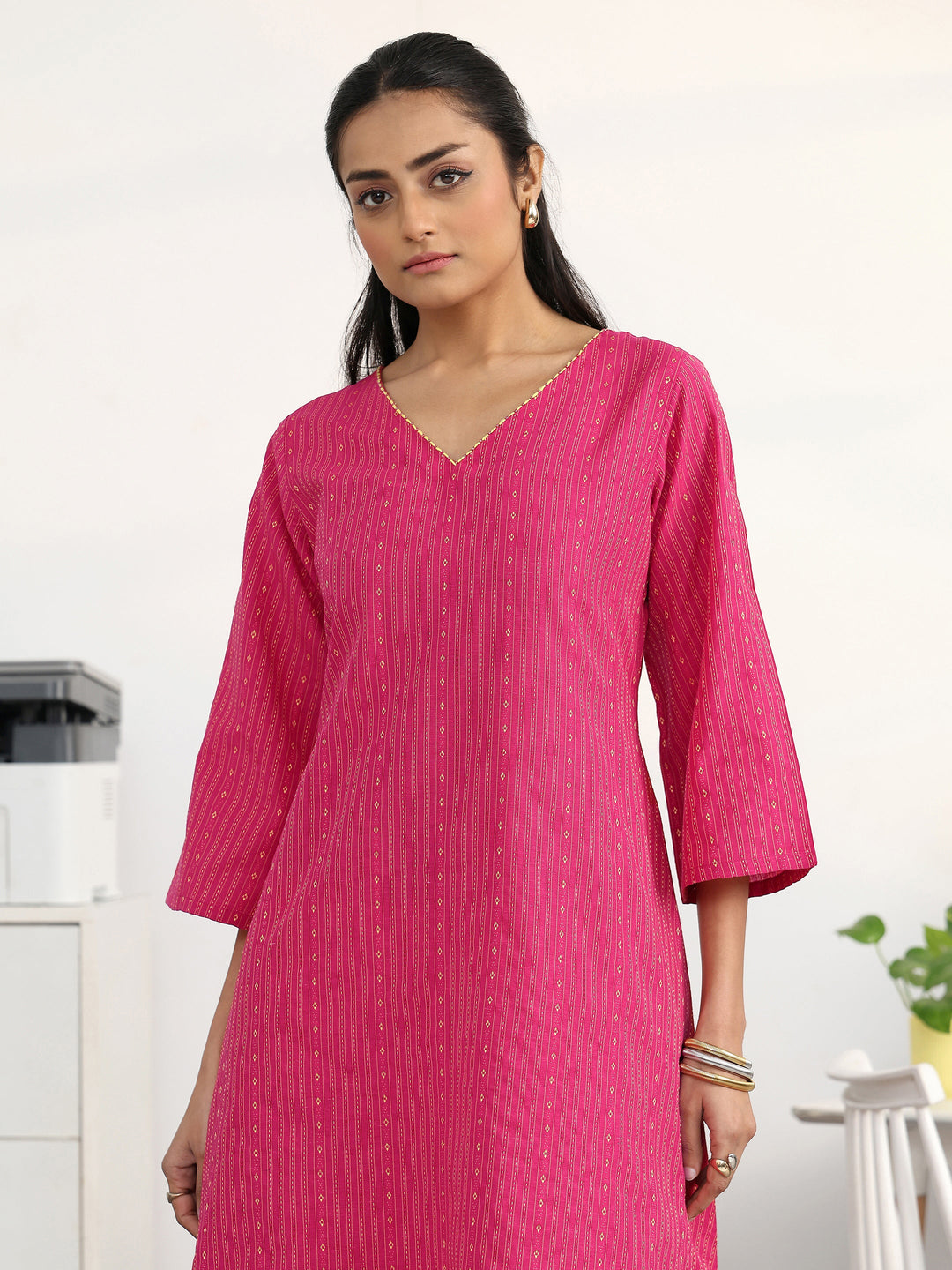Pink Woven Design Cotton Blend A-Line Kurta Set