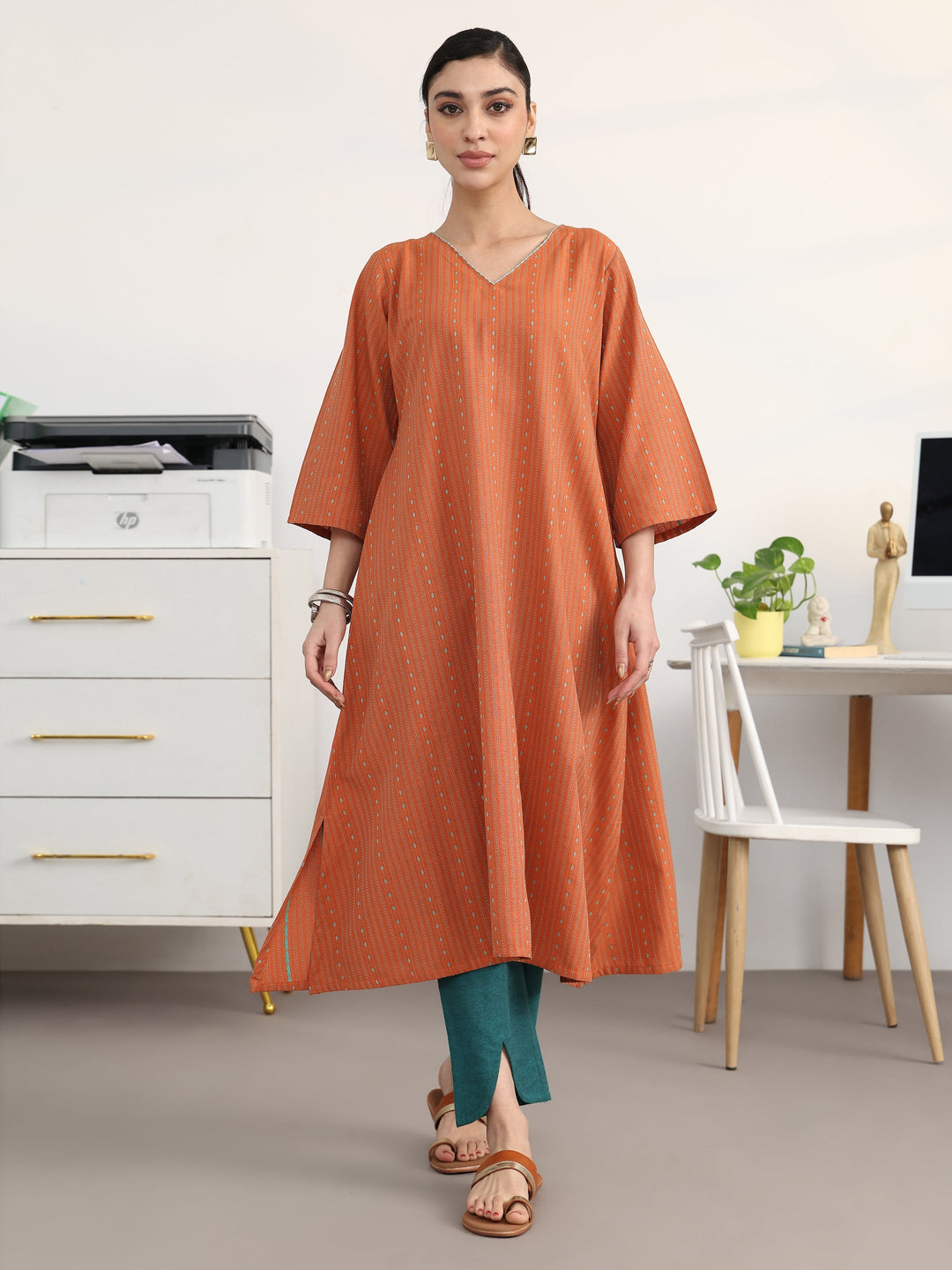 Rust Woven Design Cotton Blend A-Line Kurta Set