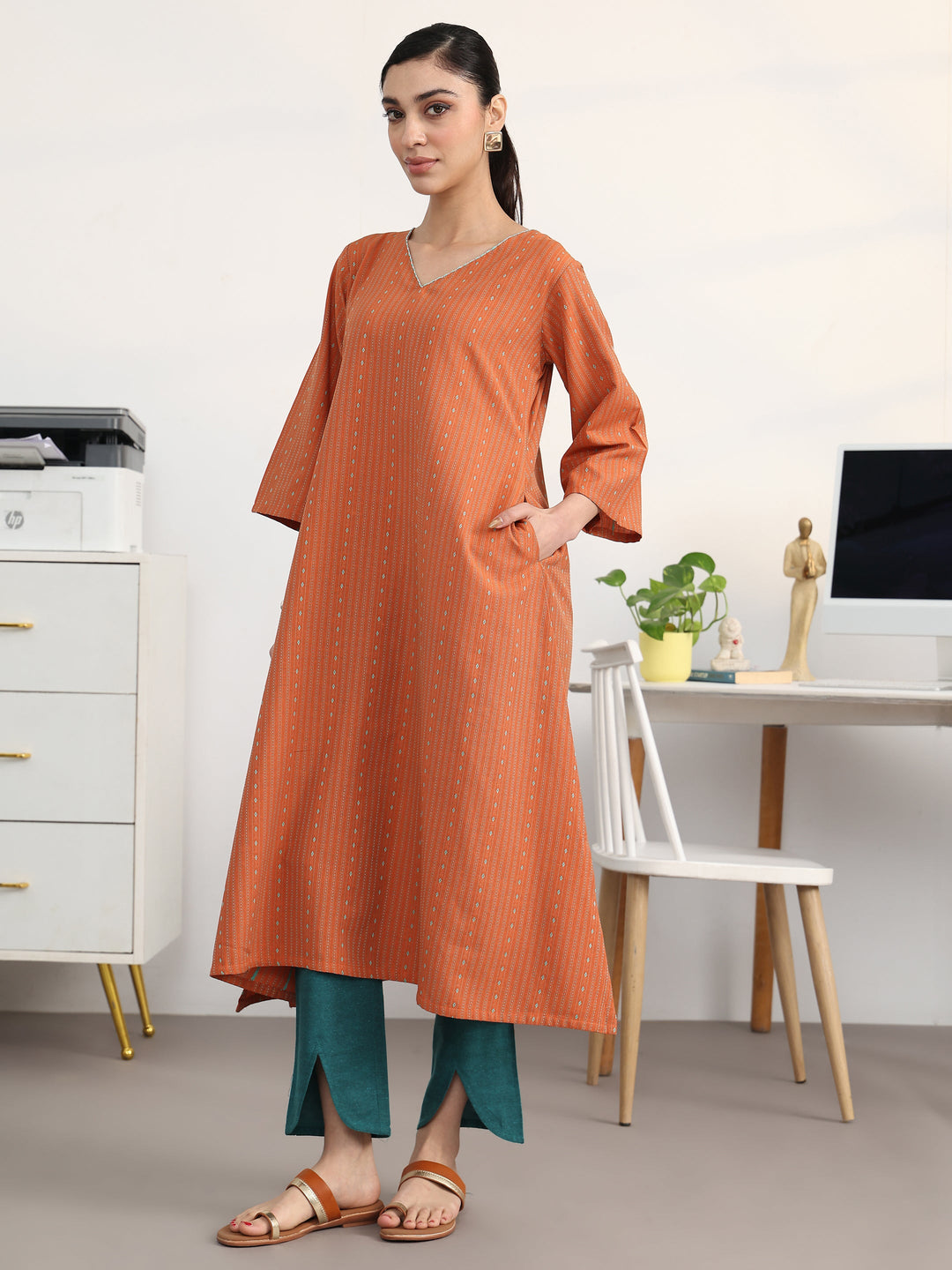 Rust Woven Design Cotton Blend A-Line Kurta Set