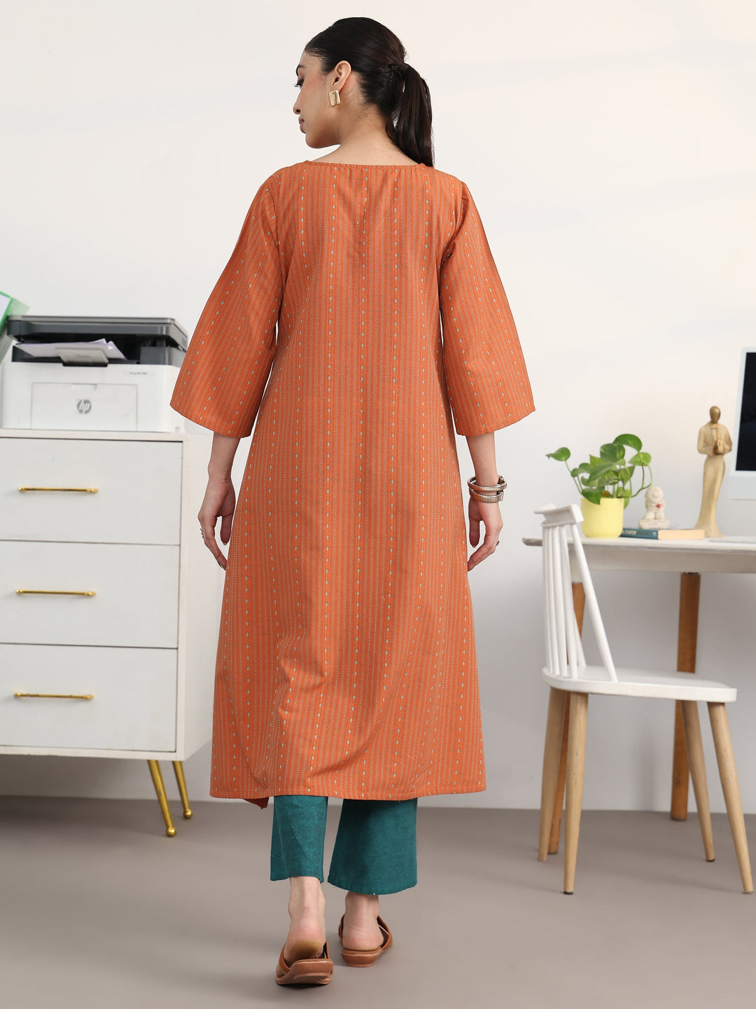 Rust Woven Design Cotton Blend A-Line Kurta Set