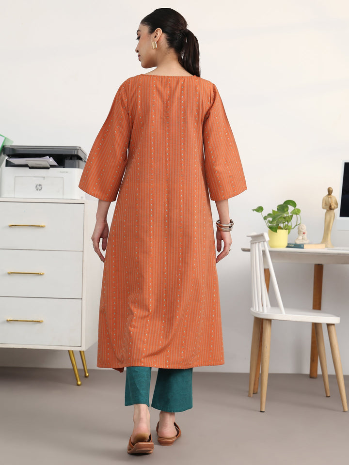 Rust Woven Design Cotton Blend A-Line Kurta Set