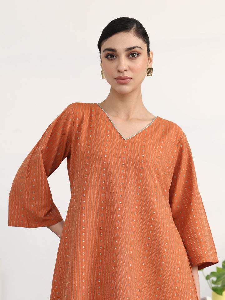 Rust Woven Design Cotton Blend A-Line Kurta Set