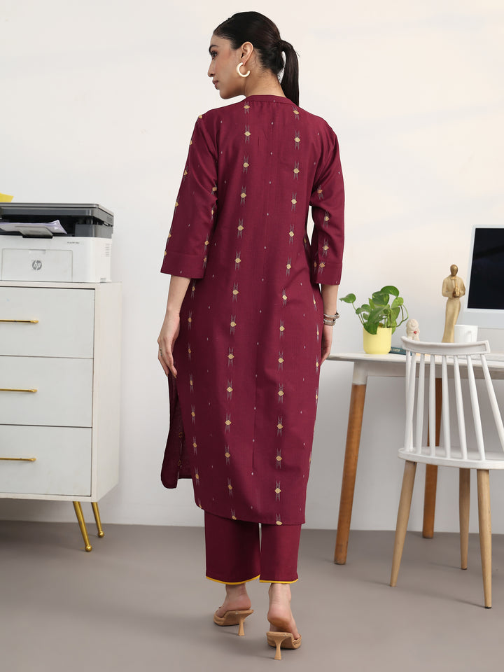 Maroon Ethnic Motifs Woven Design Cotton Blend Straight Kurta Set