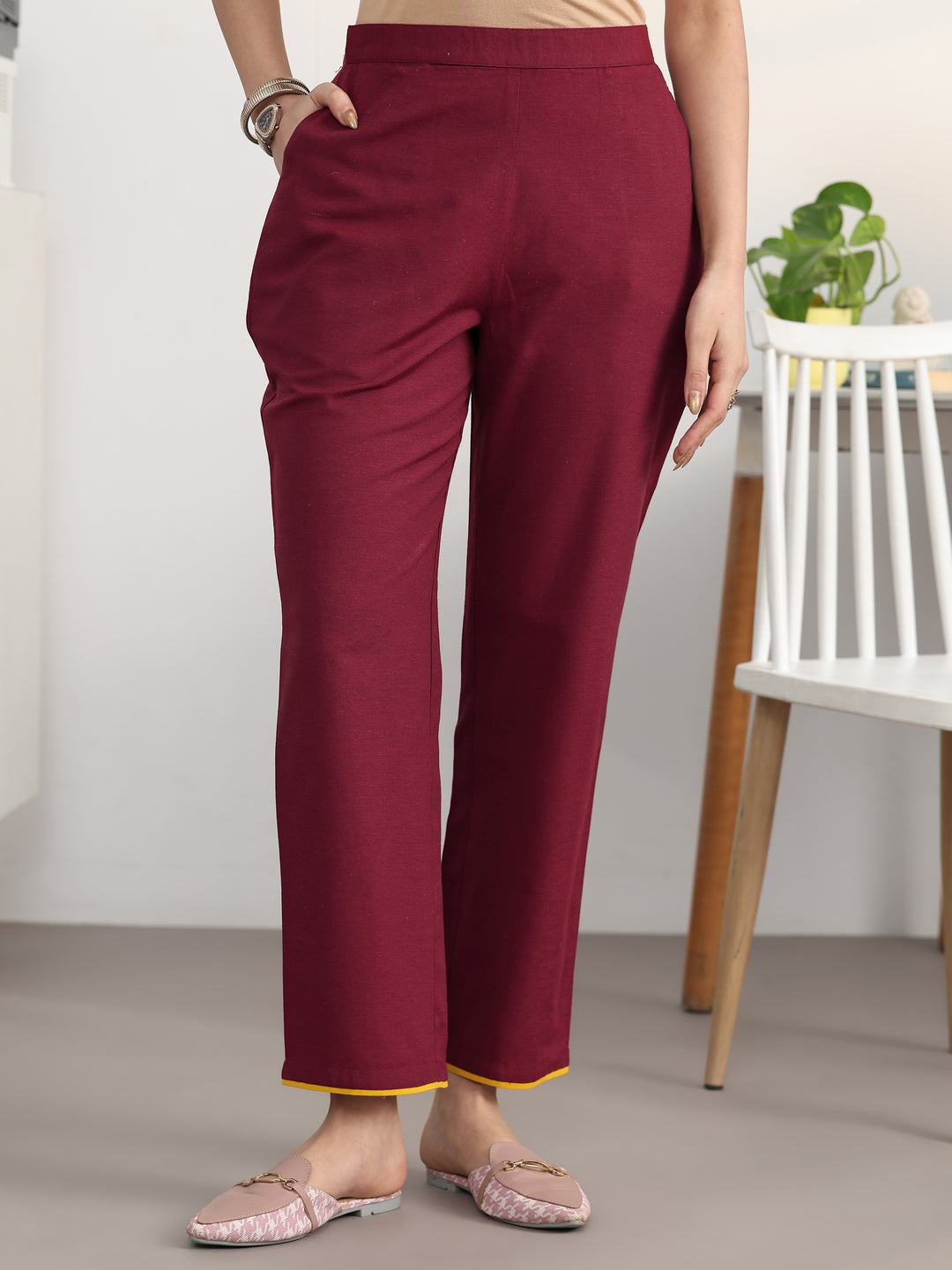 Maroon Ethnic Motifs Woven Design Cotton Blend Straight Kurta Set