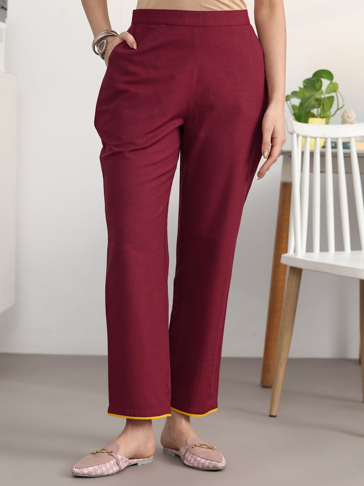 Maroon Ethnic Motifs Woven Design Cotton Blend Straight Kurta Set