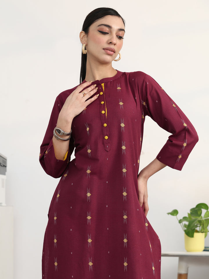 Maroon Ethnic Motifs Woven Design Cotton Blend Straight Kurta Set