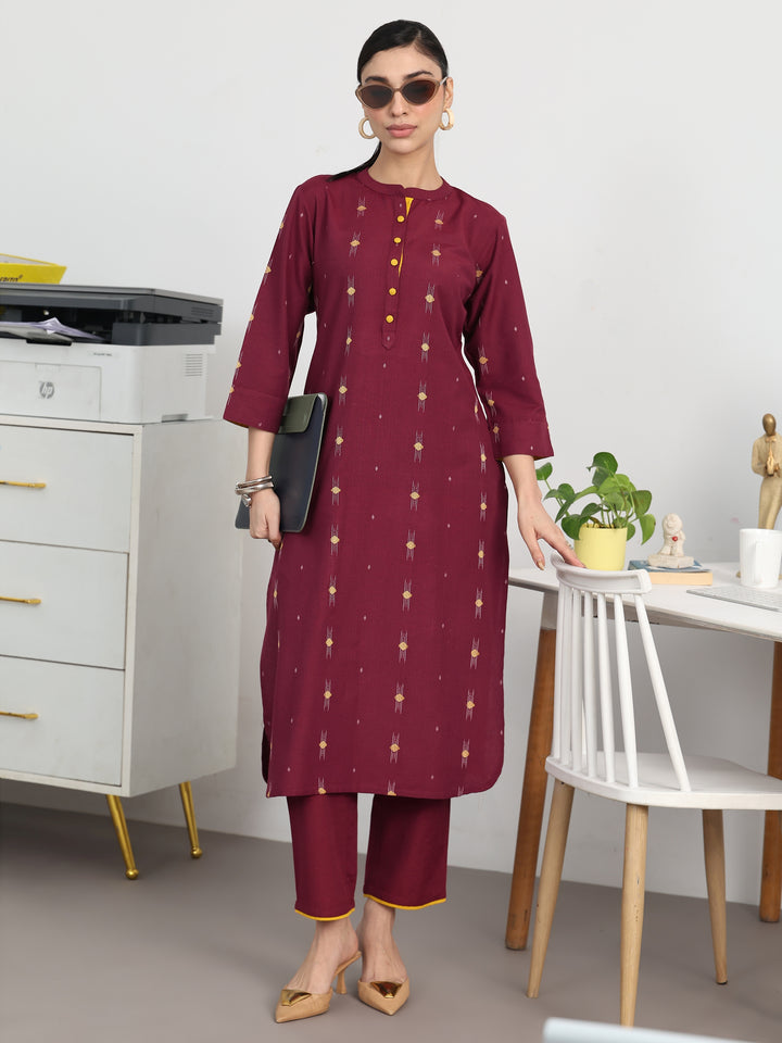 Maroon Ethnic Motifs Woven Design Cotton Blend Straight Kurta Set