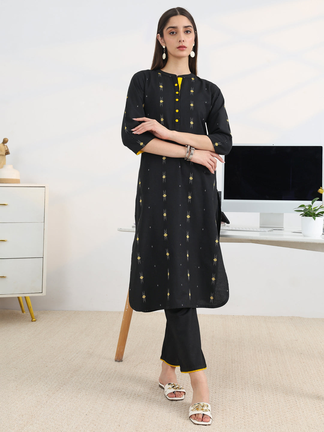 Black Woven Design Cotton Blend Straight Kurta Set