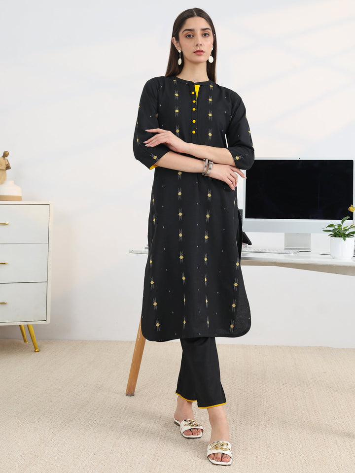 Black Woven Design Cotton Blend Straight Kurta Set