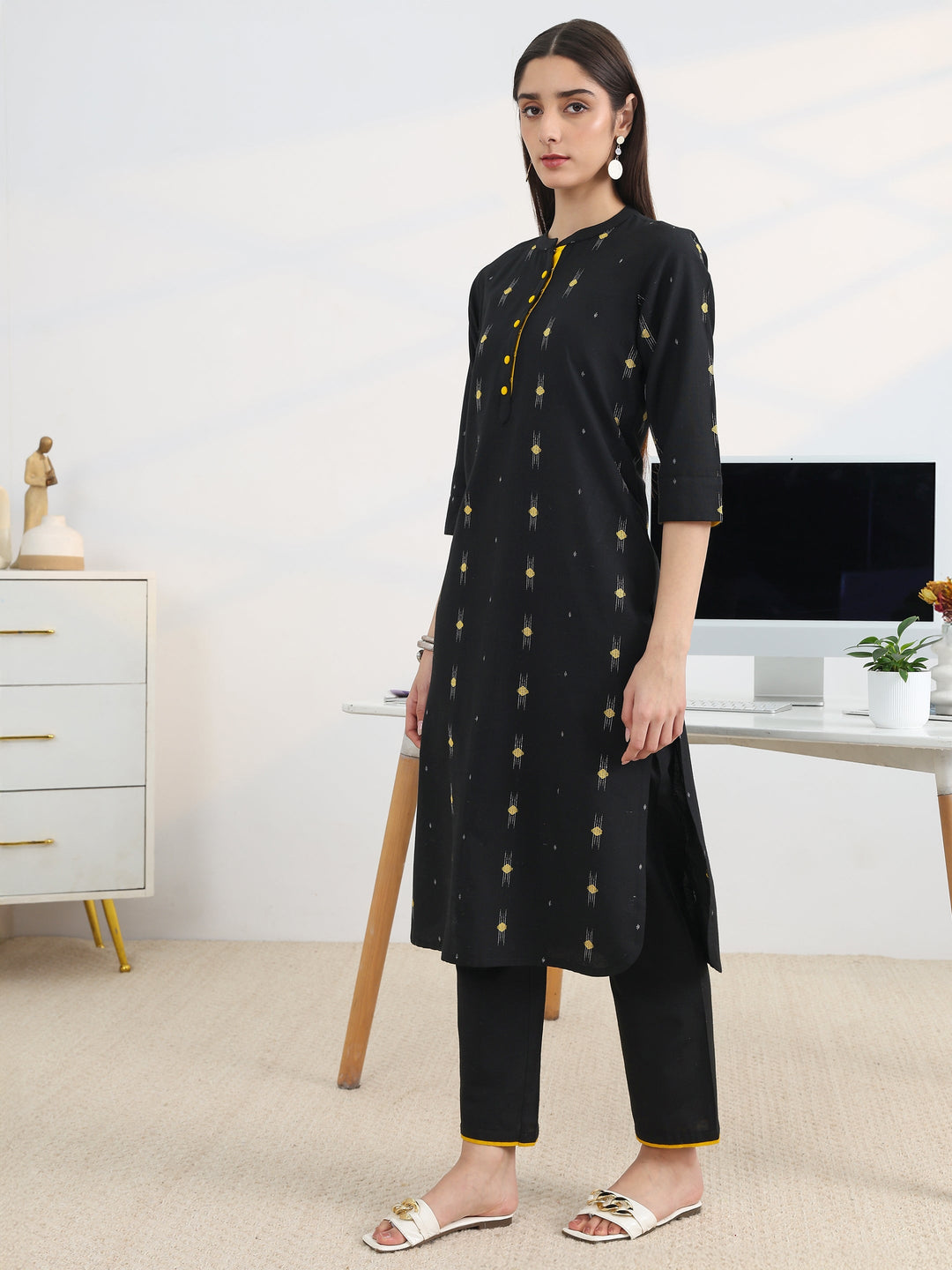 Black Woven Design Cotton Blend Straight Kurta Set