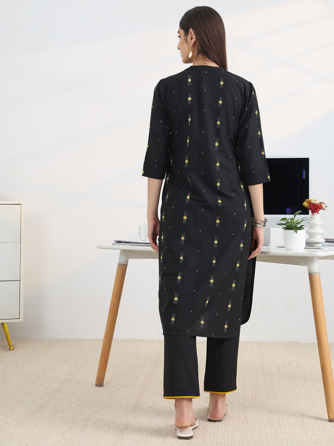 Black Woven Design Cotton Blend Straight Kurta Set