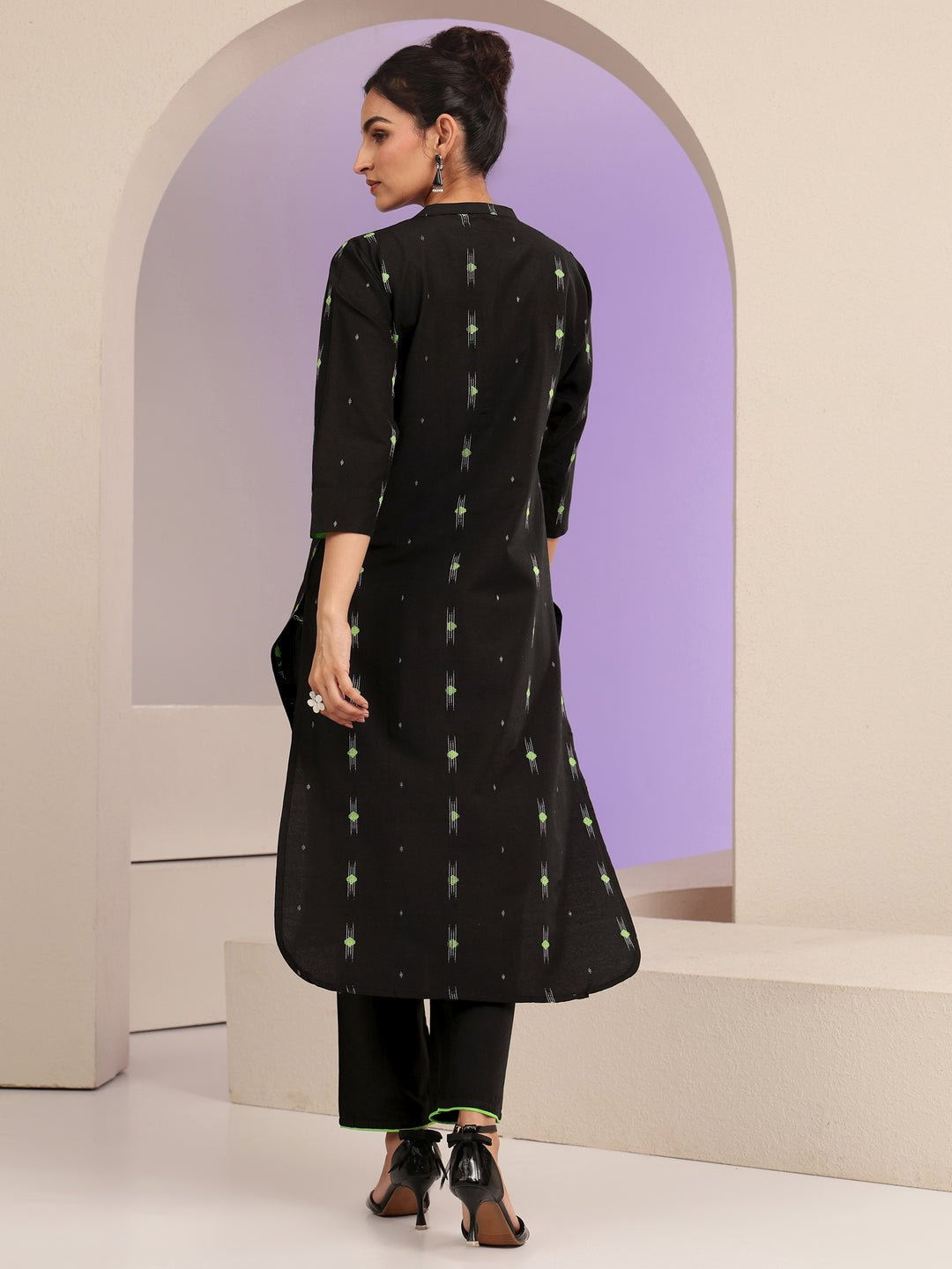 Black Woven Design Cotton Blend Straight Kurta Set