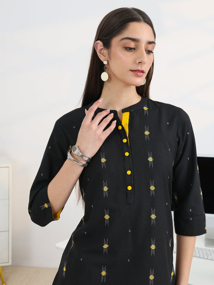 Black Woven Design Cotton Blend Straight Kurta Set