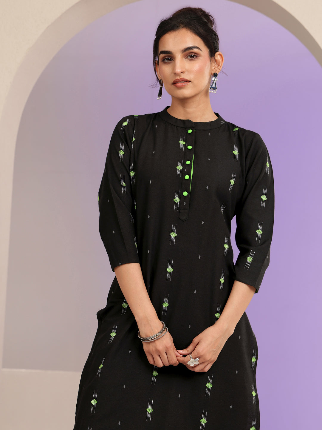 Black Woven Design Cotton Blend Straight Kurta Set