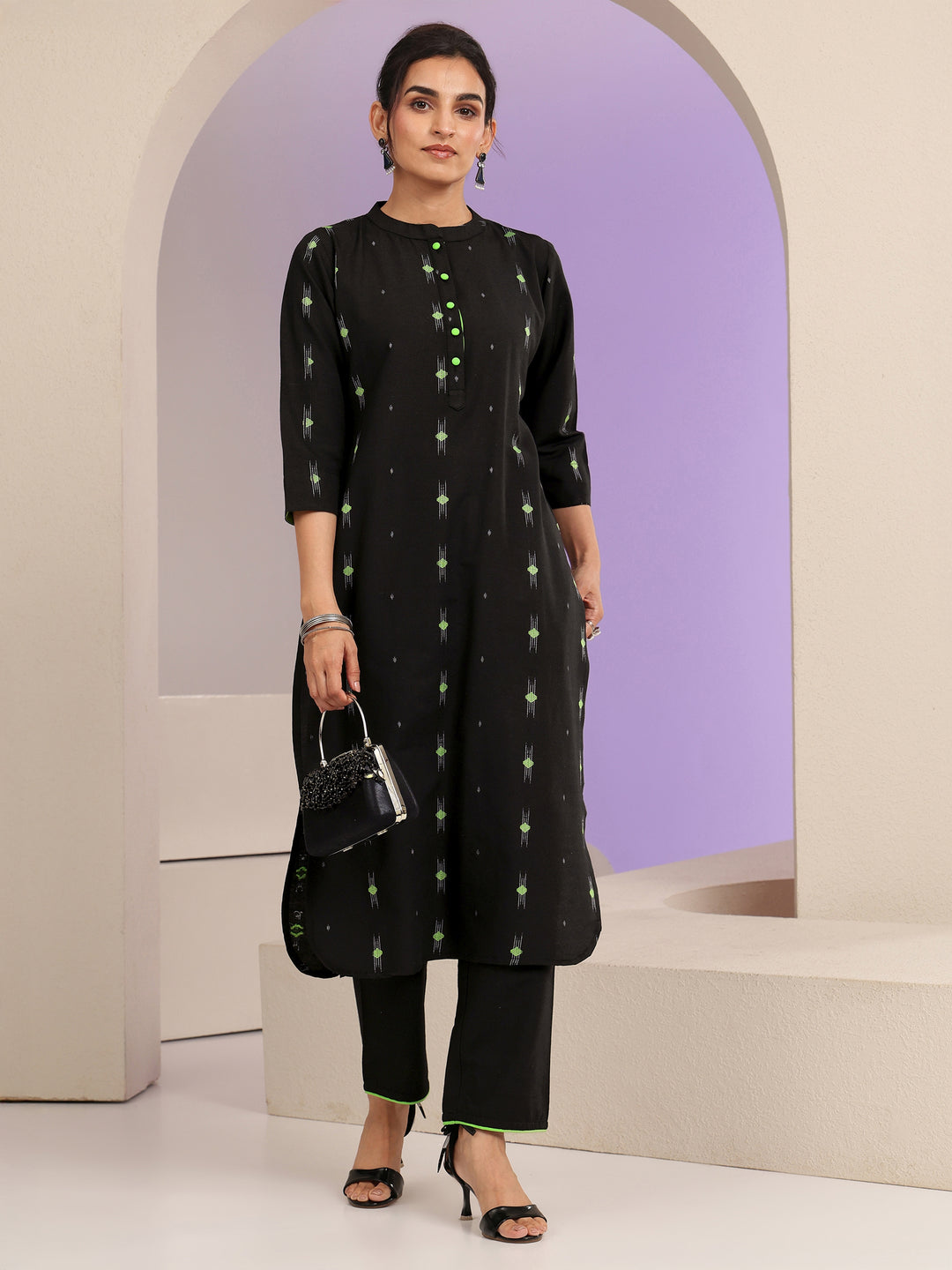 Black Woven Design Cotton Blend Straight Kurta Set