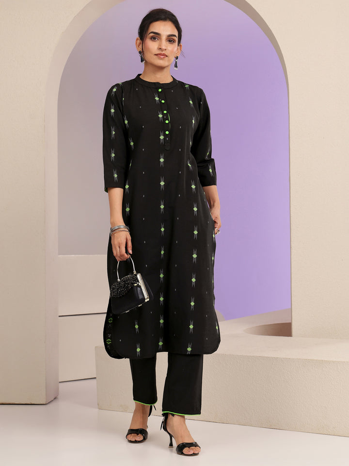 Black Woven Design Cotton Blend Straight Kurta Set