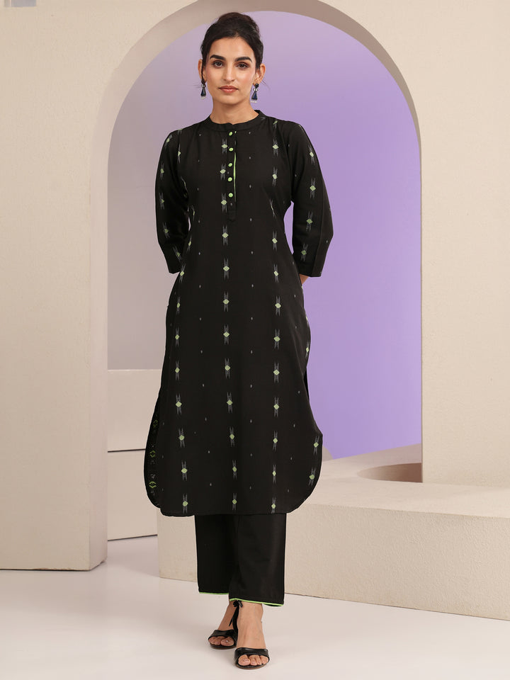 Black Woven Design Cotton Blend Straight Kurta Set