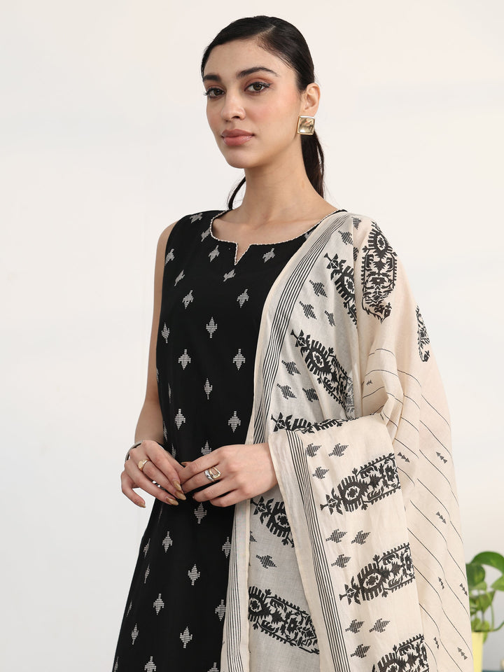 Black Ethnic Motifs Printed Cotton Blend Straight Suit Set With Dupatta