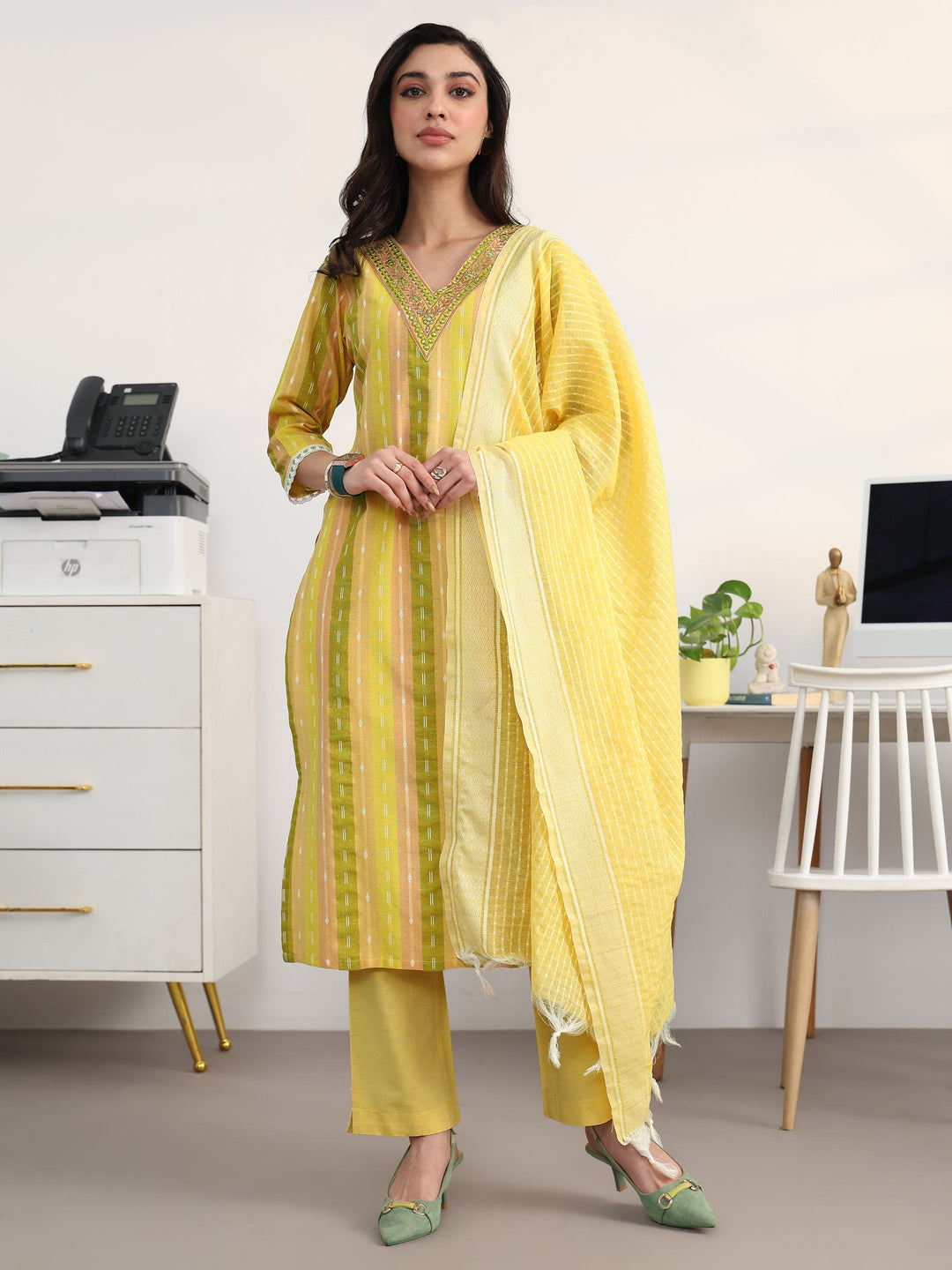 Multi Striped Woven Design Cotton Blend Straight Suit Set With Dupatta
