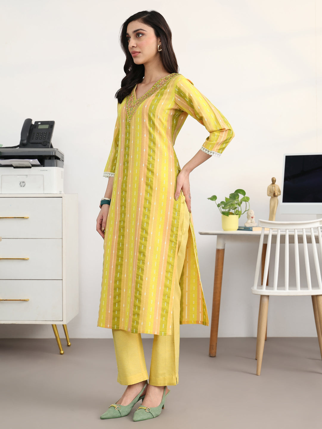 Multi Striped Woven Design Cotton Blend Straight Suit Set With Dupatta