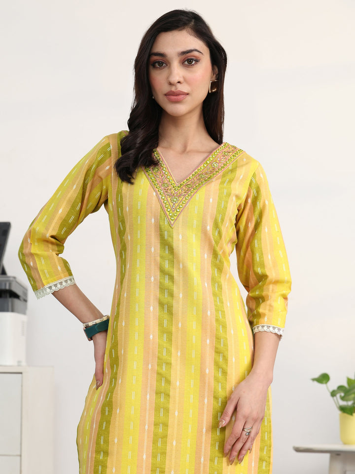 Multi Striped Woven Design Cotton Blend Straight Suit Set With Dupatta