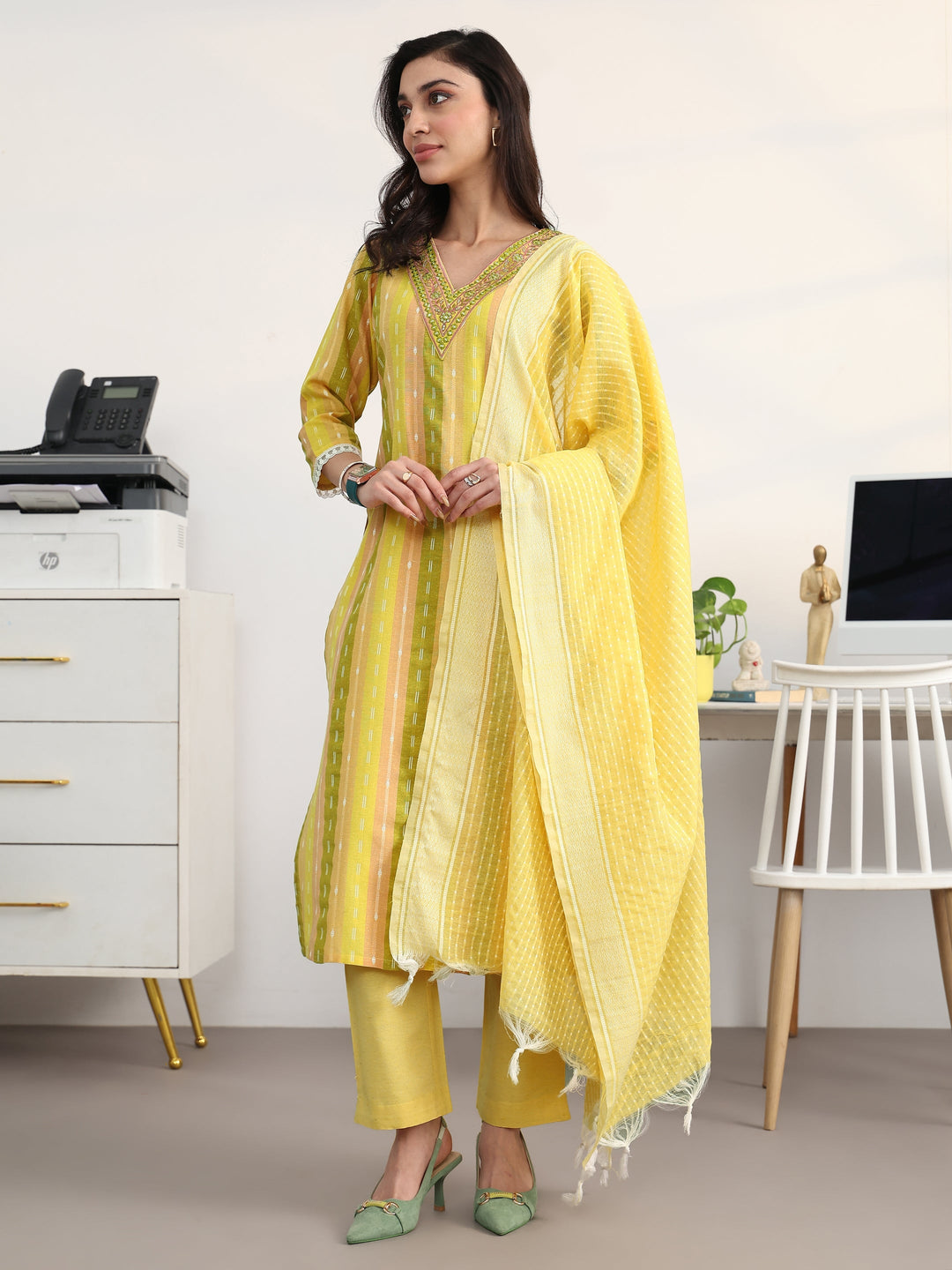Multi Striped Woven Design Cotton Blend Straight Suit Set With Dupatta