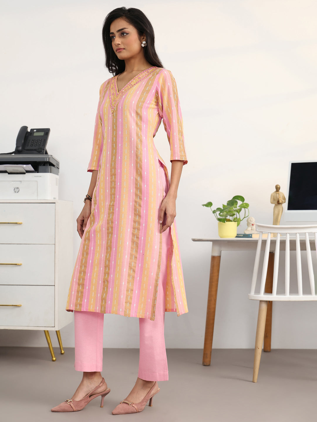 Multi Striped Woven Design Cotton Blend Straight Suit Set With Dupatta