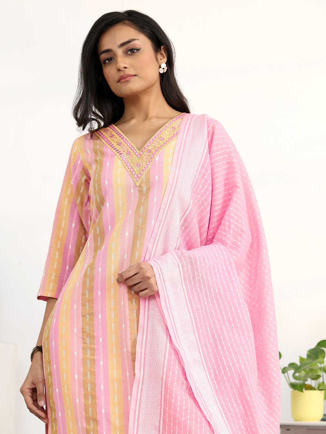 Multi Striped Woven Design Cotton Blend Straight Suit Set With Dupatta
