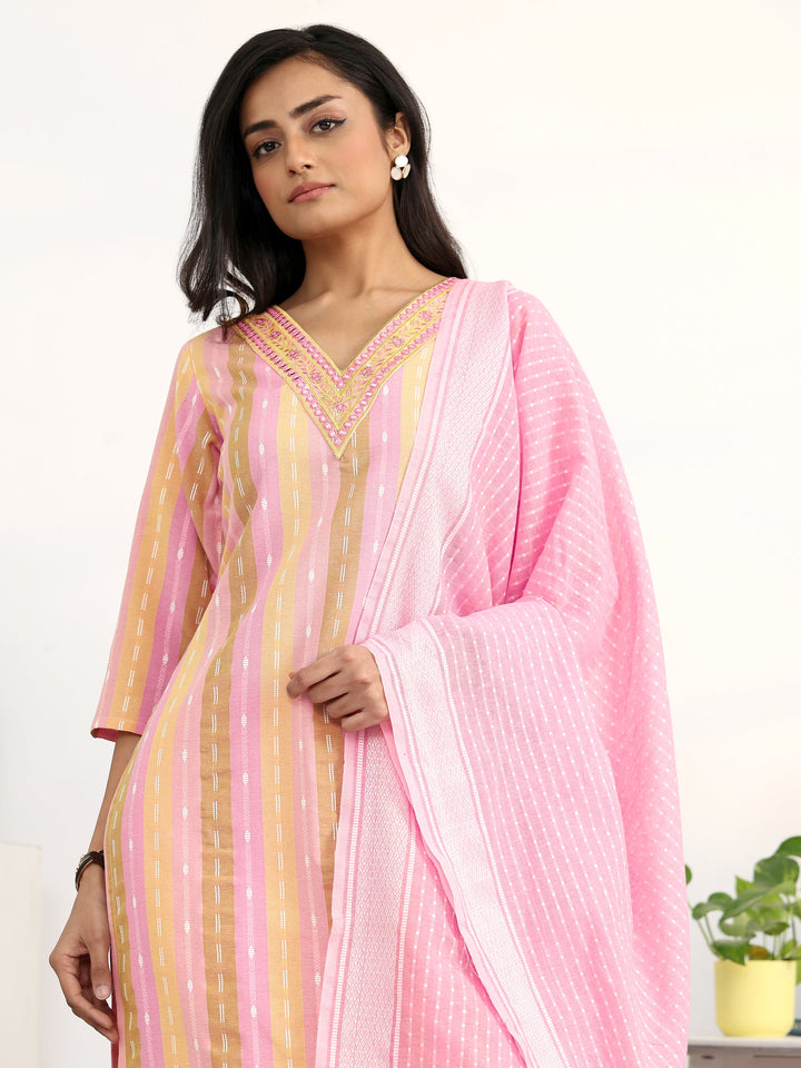 Multi Striped Woven Design Cotton Blend Straight Suit Set With Dupatta