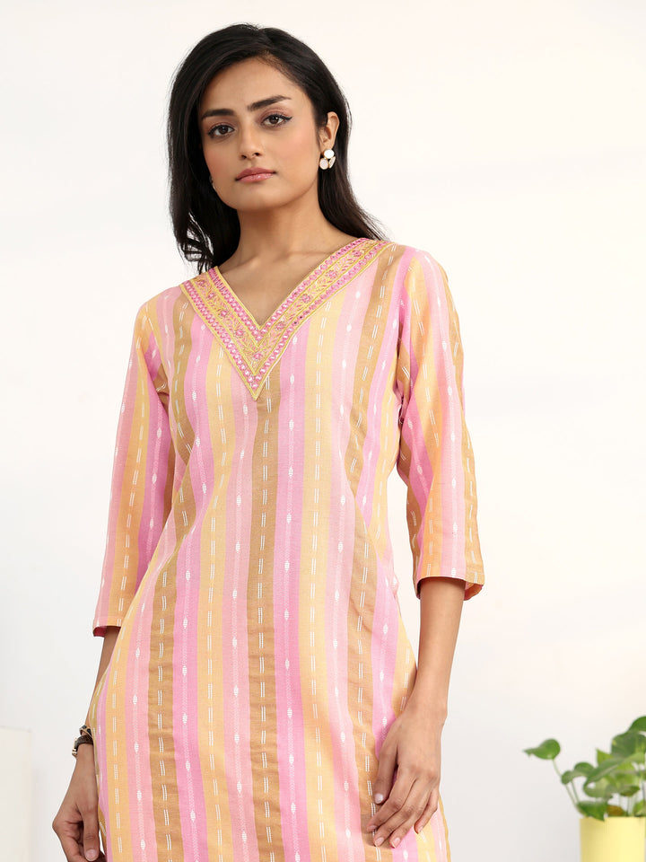Multi Striped Woven Design Cotton Blend Straight Suit Set With Dupatta