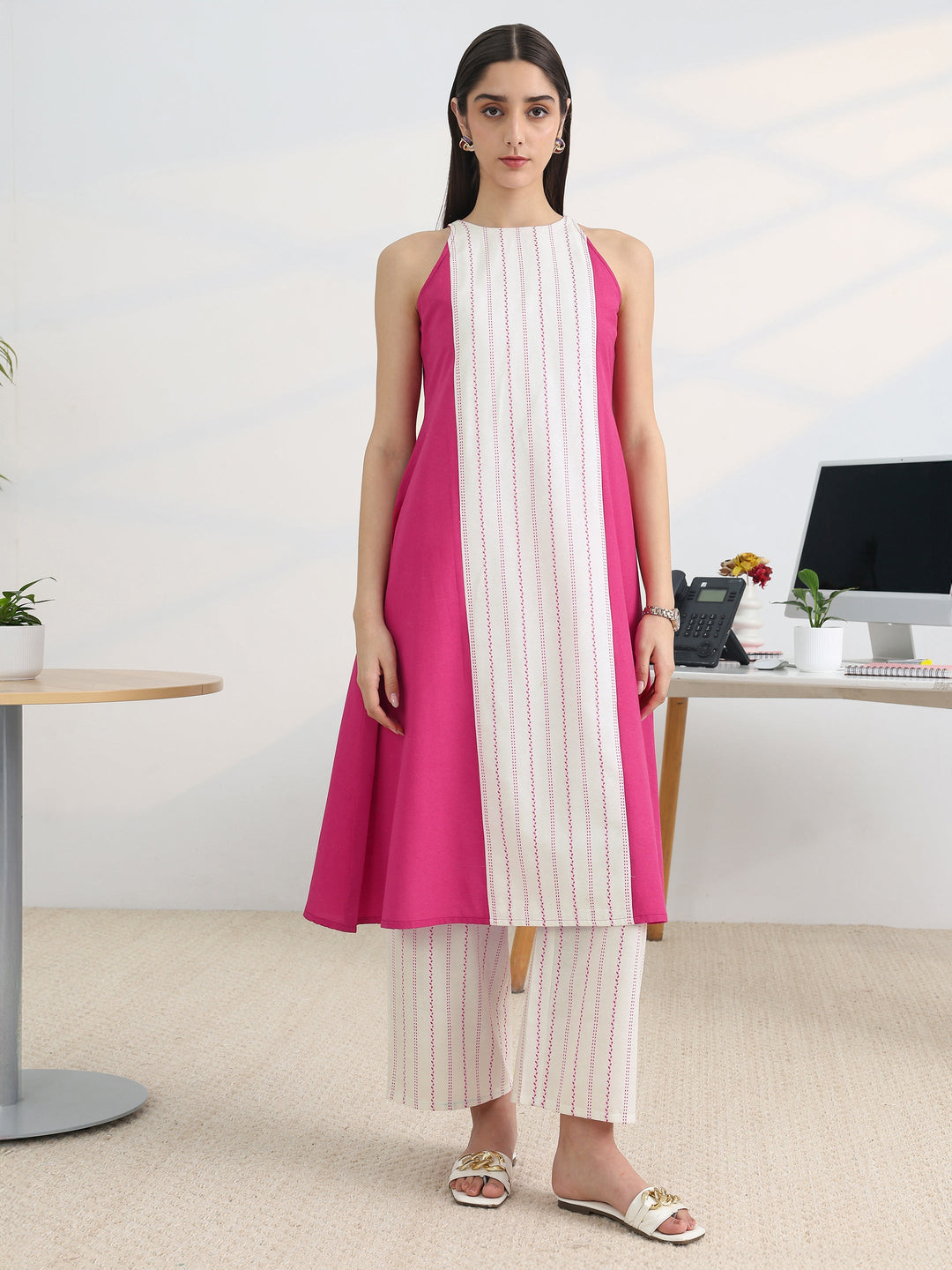 Pink Woven Design Cotton Blend A-Line Kurta Set