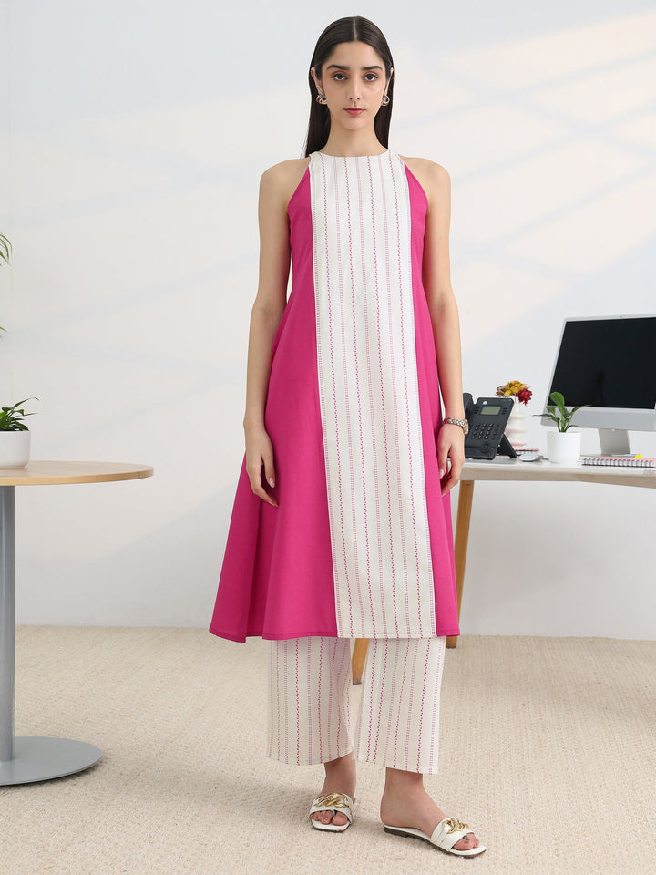 Pink Woven Design Cotton Blend A-Line Kurta Set