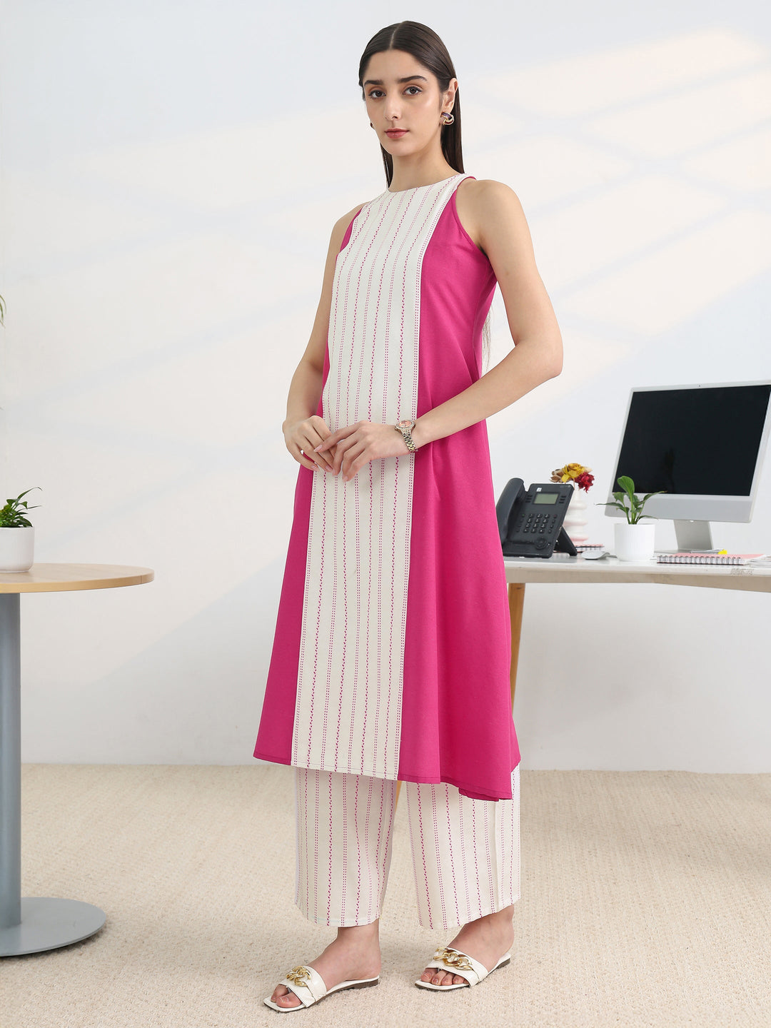 Pink Woven Design Cotton Blend A-Line Kurta Set