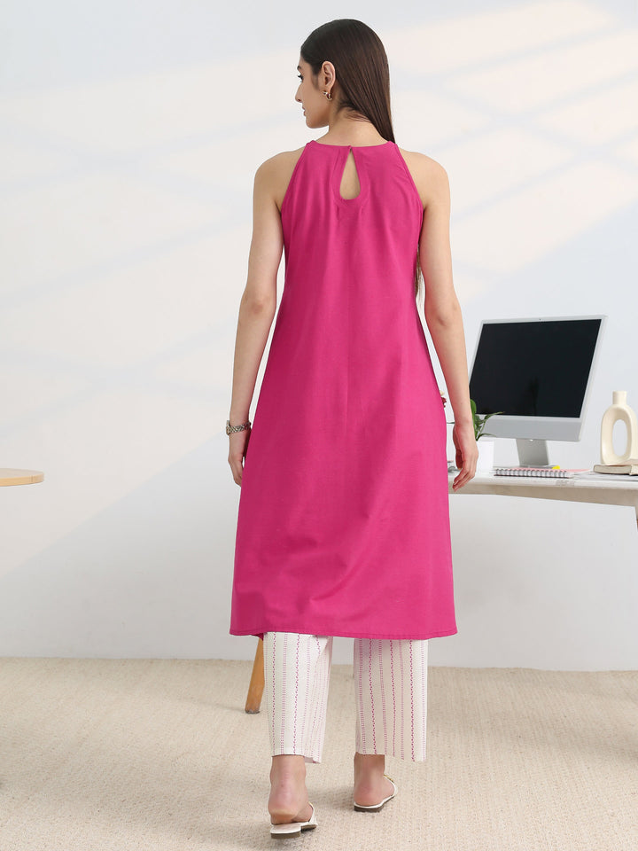 Pink Woven Design Cotton Blend A-Line Kurta Set