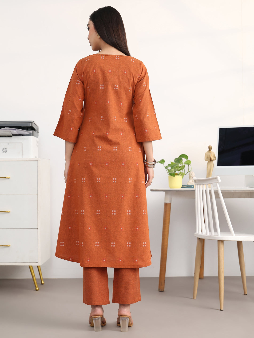 Rust Geometric Woven Design Cotton Blend A-Line Kurta Set