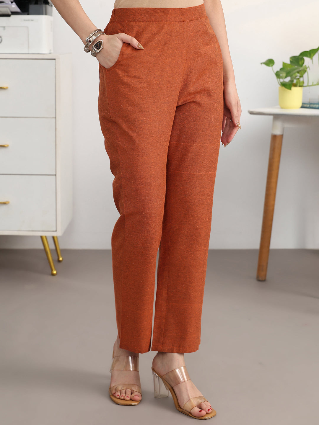 Rust Geometric Woven Design Cotton Blend A-Line Kurta Set
