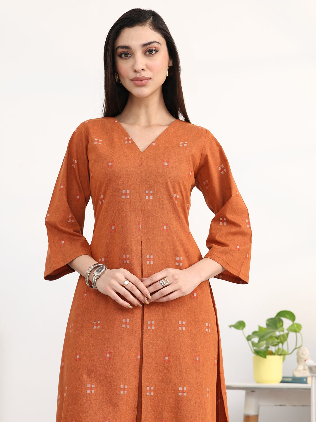Rust Geometric Woven Design Cotton Blend A-Line Kurta Set
