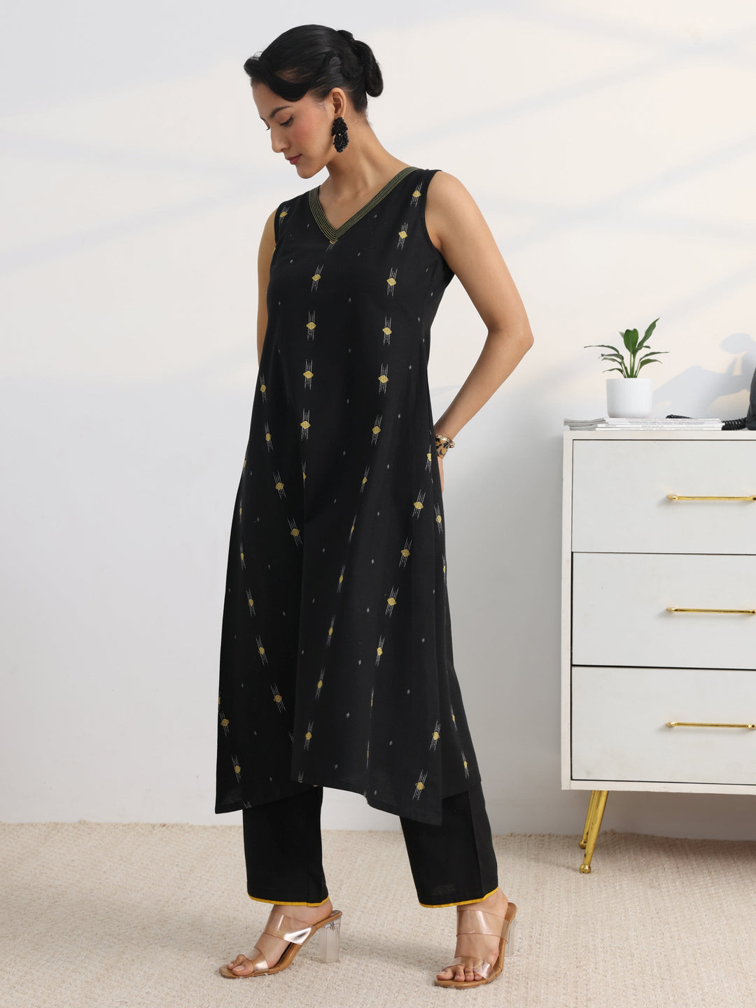 Black Woven Design Cotton Blend A-Line Kurta Set