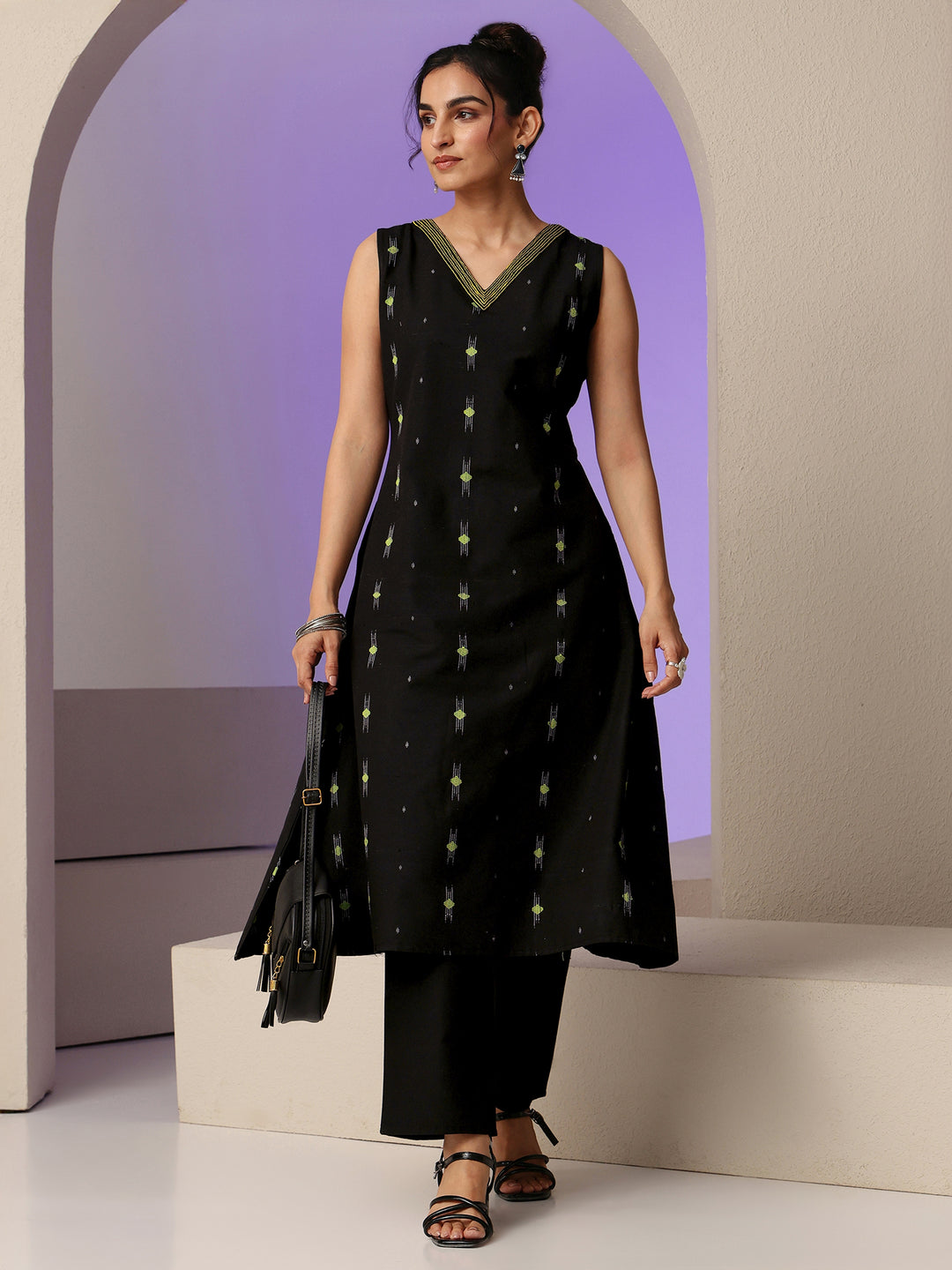 Black Woven Design Cotton Blend A-Line Kurta Set