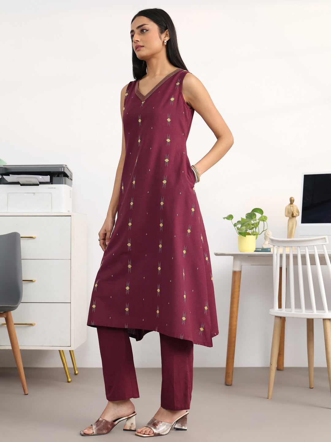 Maroon Ethnic Motifs Woven Design Cotton Blend A-Line Kurta Set
