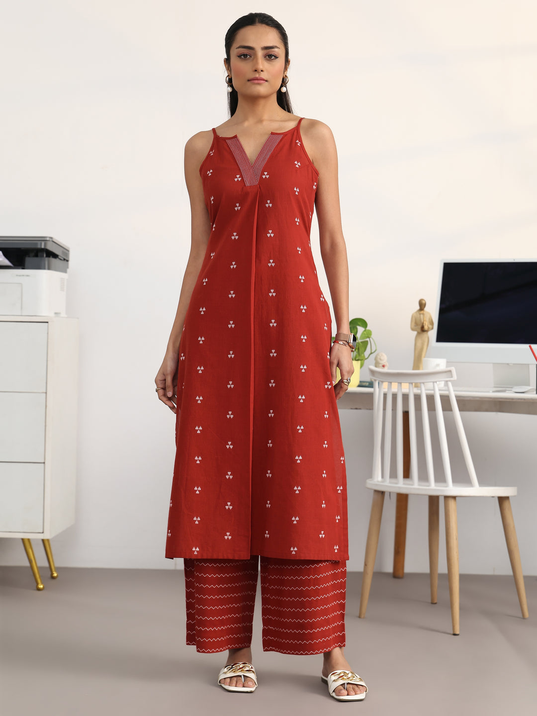 Red Ethnic Motifs Woven Design Cotton Blend A-Line Kurta Set