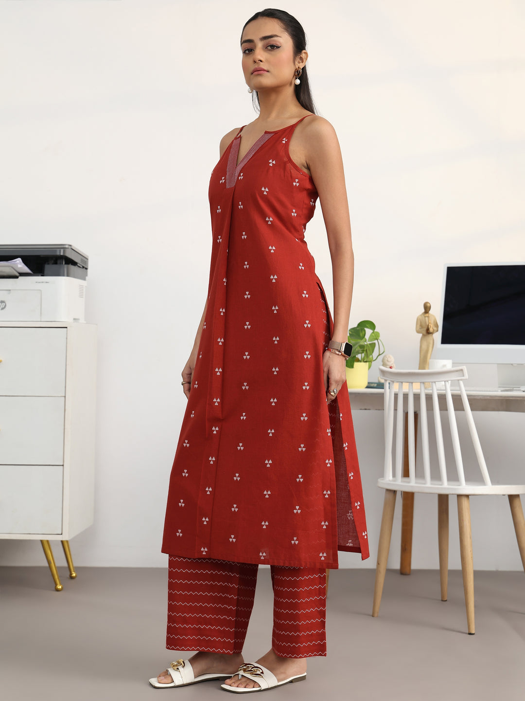 Red Ethnic Motifs Woven Design Cotton Blend A-Line Kurta Set