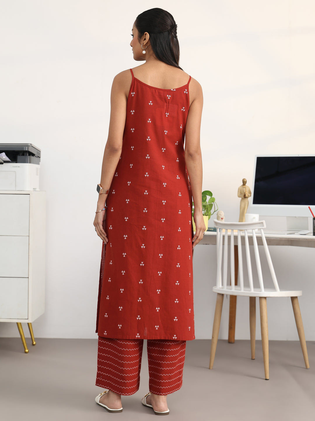 Red Ethnic Motifs Woven Design Cotton Blend A-Line Kurta Set
