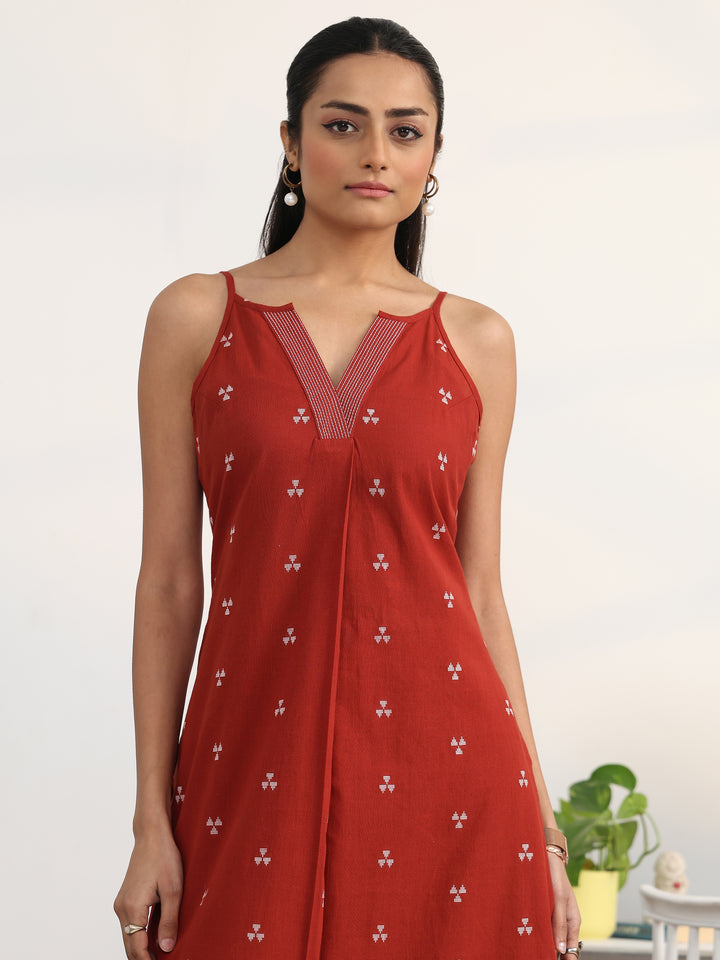 Red Ethnic Motifs Woven Design Cotton Blend A-Line Kurta Set