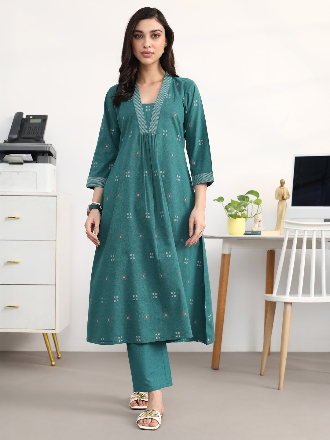 Crisp Teal Woven Design Cotton Blend A-Line Kurta Set