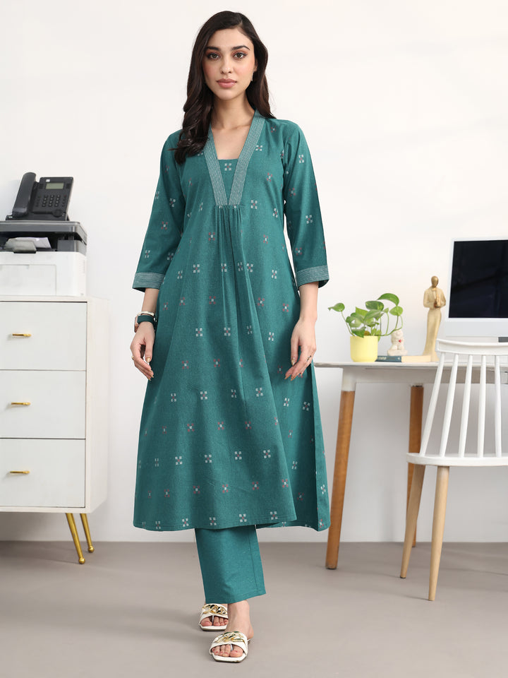 Crisp Teal Woven Design Cotton Blend A-Line Kurta Set