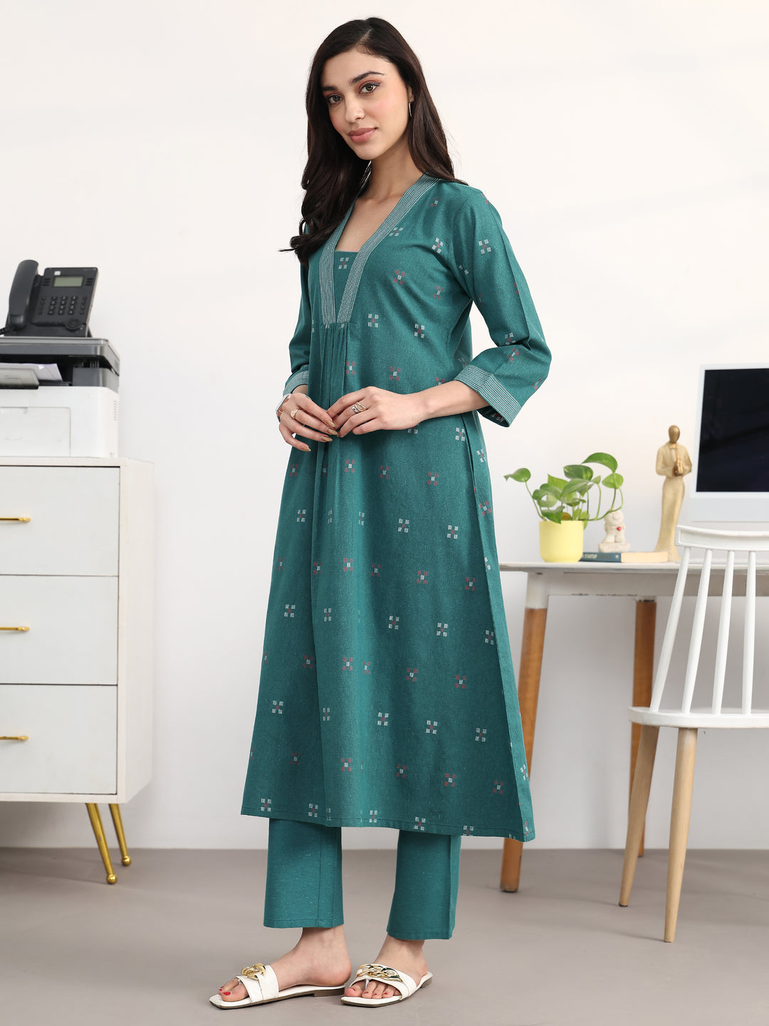 Crisp Teal Woven Design Cotton Blend A-Line Kurta Set