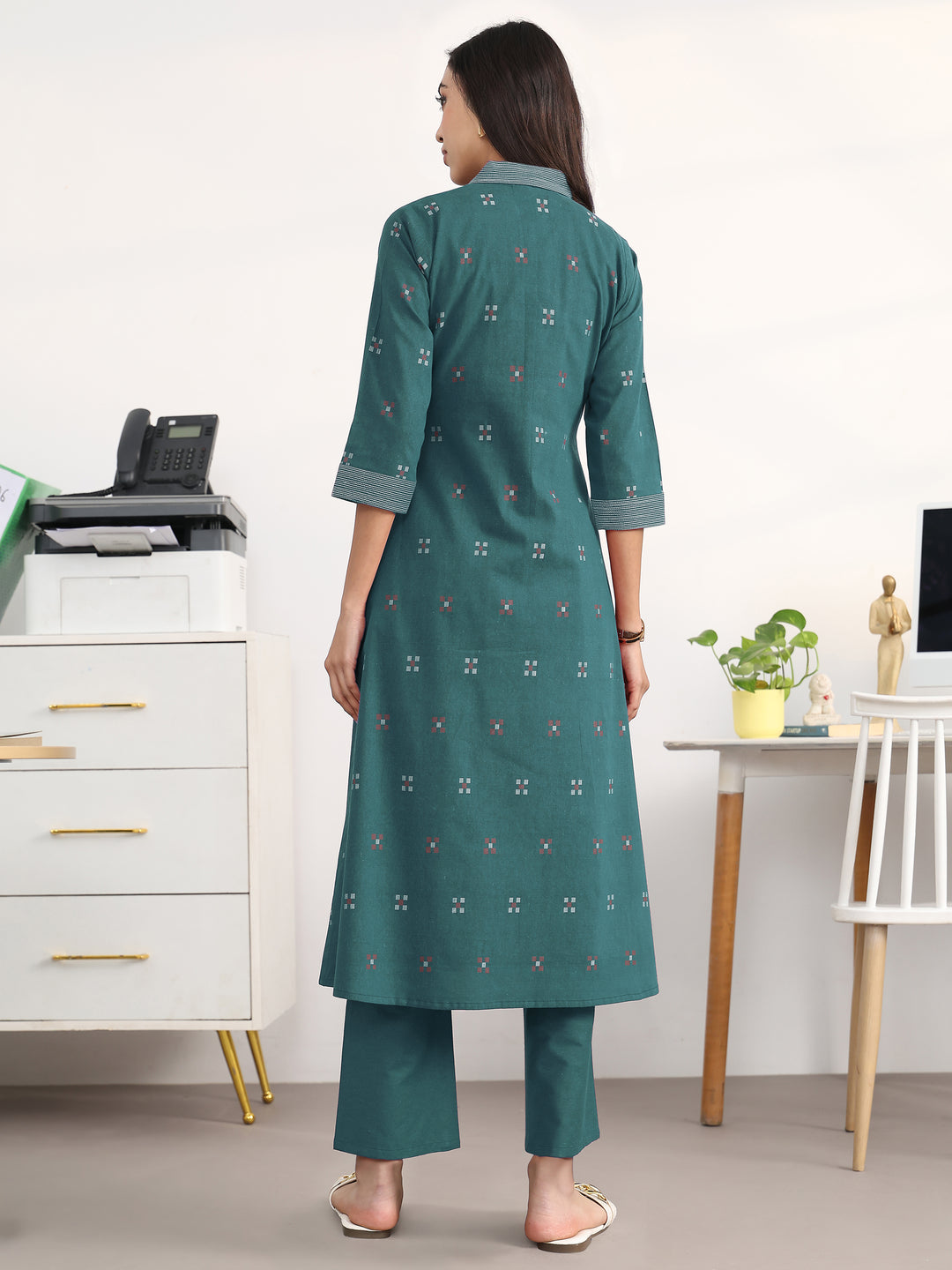 Crisp Teal Woven Design Cotton Blend A-Line Kurta Set